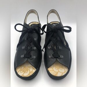 Fly London Shoes Women’s 9.5 Black Leather Lace Up Wedge Sandal Boho Festival.